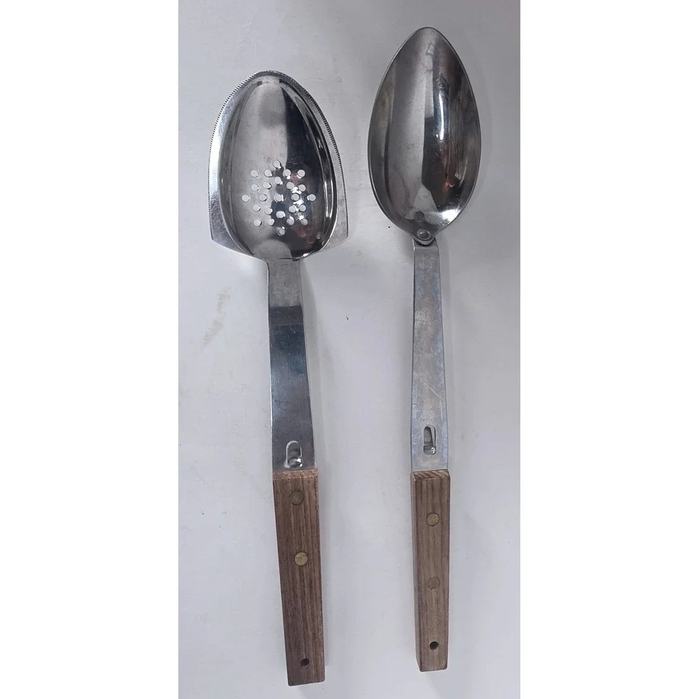 Vintage Vernco Stainless Steel Serving Spoon Set Japan Wood Handle Pot Hook 2pc